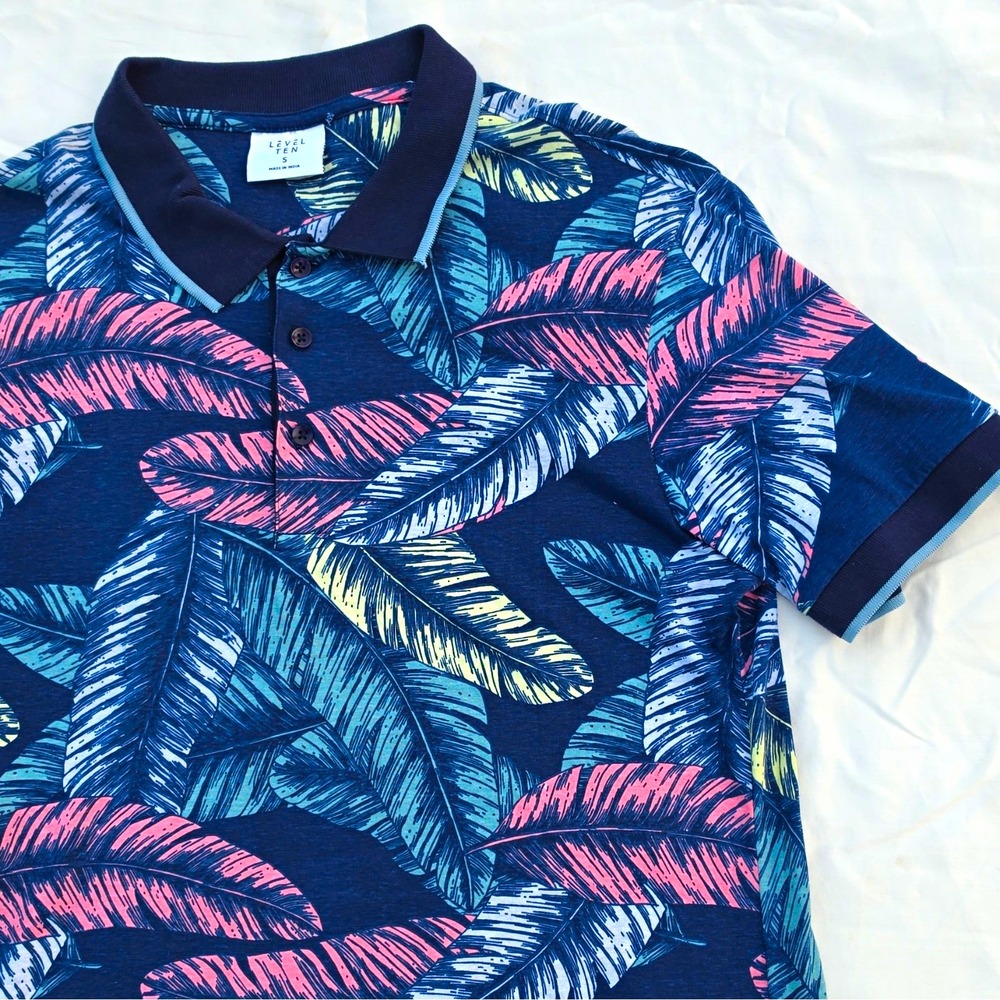 Level Ten Men's Short Sleeve Polo Shirt, Tropical Leaf Print, Navy/Blue, S #257